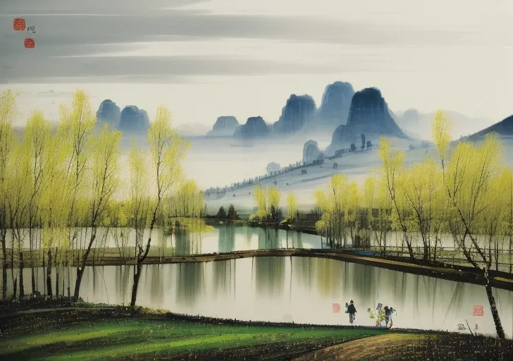 wgz_style,shukezouma,guofengnv,masterpiece, best quality,A painting, a landscape in early spring, willow trees sprouting up, rivers, distant mountains, bright pictures <lora:wgz_style:0.8> <lora:Moxin_Shukezouma11:0.1> <lora:GuoFengNV:0.5> <lora:epiNoiseof...