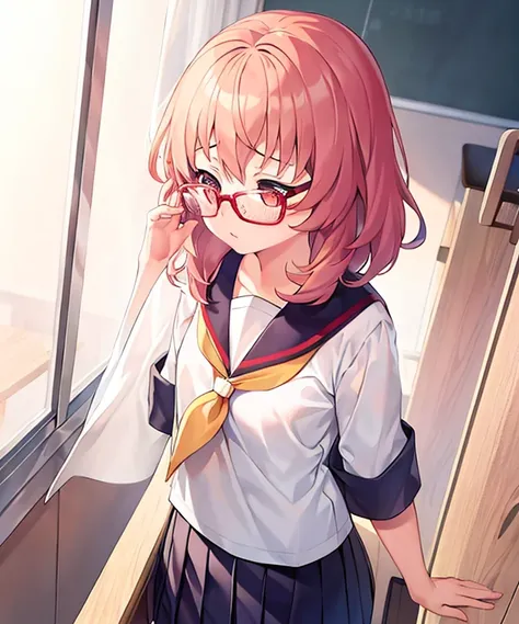 1girl, ai_mie, short hair, bangs, glasses, sailor collar, classroom, sad, flat chest <lora:ai-mie:1>