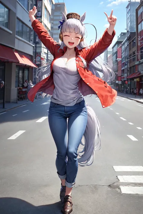 masterpiece, best quality, 
gold ship (umamusume),
outdoors, full body, 
closed eyes, open mouth, arms up, smile,
casual, pillbox hat, brown headwear, red jacket, open jacket, open clothes, ribbed shirt, white shirt, long sleeves, jeans, blue pants
<lora:g...