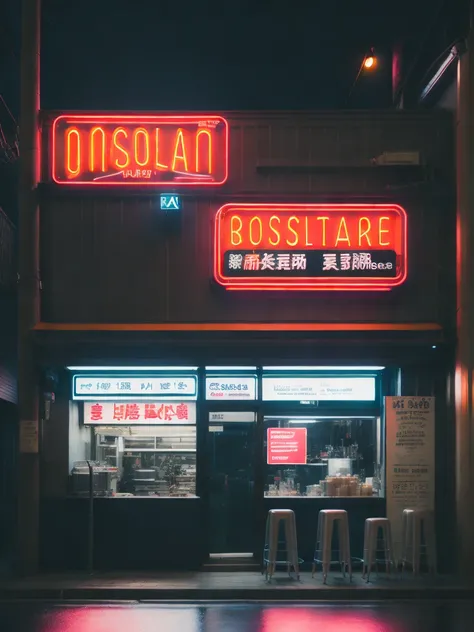 <lora:NeonNight:1>a restaurant with neon signs on the front of it