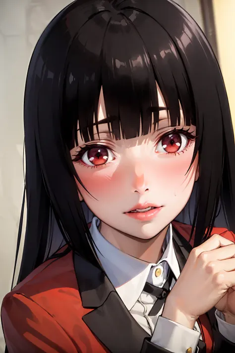 (best quality:1.1), (masterpiece:1.4), (absurdres:1.0), close up, portrait,
1girl, jabami yumeko, red school uniform, blunt bang...