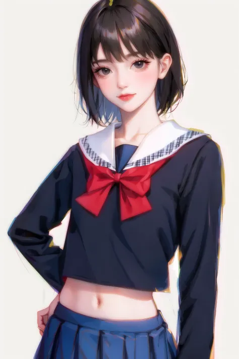 1girl, bangs, black eyes, black hair, blue shirt, blue skirt, bow, bowtie, brown hair, fashi-g, closed mouth, long sleeves, looking at viewer, medium hair, pleated skirt, red bow, red bowtie, sailor collar, school uniform, serafuku, shirt, short hair, skir...