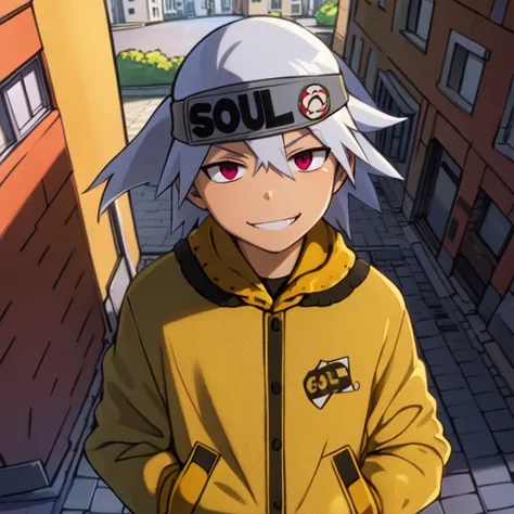 <lora:Soul Evans:0.7>, extreme detail, ultra detailed, best quality, masterpiece, Soul Evans, headband, soul sticker, letterman jacket, smile, cityscape,full body,