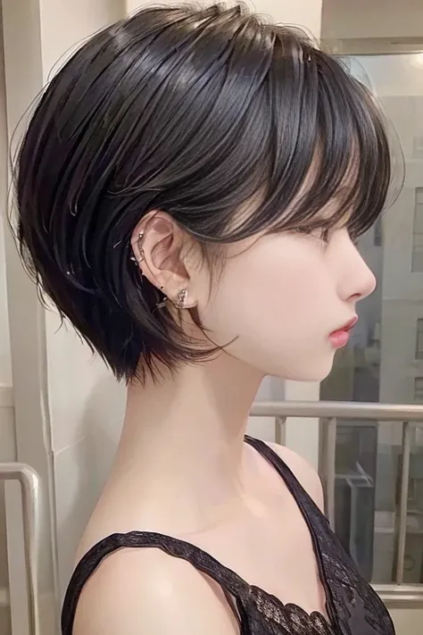 (1girl), (best quality), (masterpiece), (high resolution), (intricate details), (photorealistic), (cinematic light) <lora:SBobHaircut:0.8>
solo, earrings, jewelry, short hair, black hair, hair over eyes, lips, portrait, profile