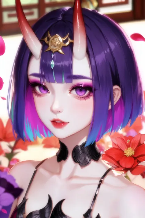 1girl, bangs, bare shoulders, bob cut, bridal gauntlets, collarbone, eyeliner, eyeshadow, flower, gem, headpiece, holding, holding flower, horns, fashi-g, looking at viewer, makeup, multicolored eyes, oni, oni horns, petals, portrait, purple eyes, purple h...