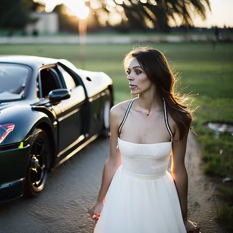 (sports car in vilnius, lithuania spiritual atmosphere backlighting:2) and closeup portrait of a young sexy ukrainian woman with...