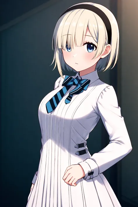 <lora:okuzora kohaku:0.75>,okuzora kohaku,
masterpiece,best quality,ultra-detailed,highres,
solo,1girl,
blonde hair,short hair,hairband,hair over half eye,bangs,blue eyes,medium breasts,white dress,long sleeves, bowtie, striped