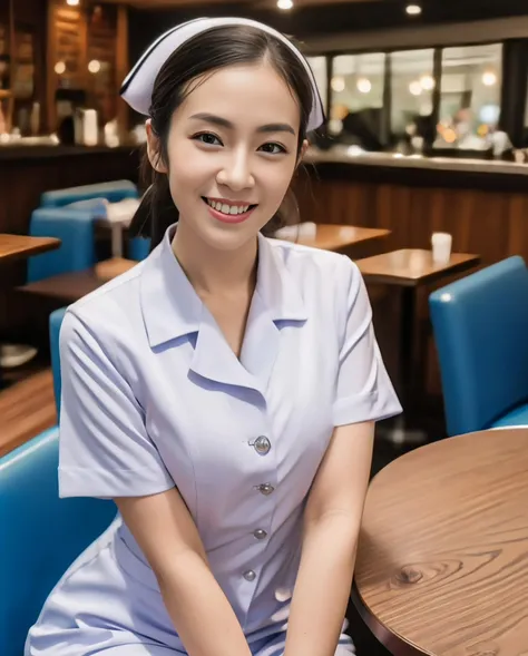 (photorealistic:1.2),(medium shot:1),nurse sit in coffee shop, (smile:1), (rim light),
, <lora:thai nurse:0.7>