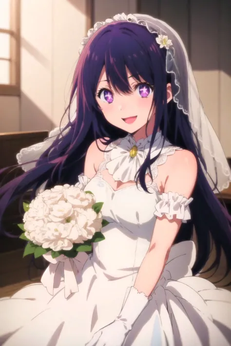 Ai Hoshino, <lora:ai_hoshino-000004:0.45>, purple eyes, black hair, very long hair, hair blowing, anime screencap, solo, 1girl, solo, smile, open mouth, wink, bright, (wedding dress:1.1), bridal veil, <lora:kyoto animation_artstyle_LoCon:0.65>, kyoto anima...