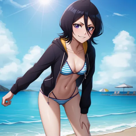 <lora:Rukia:1>,
,anime screencap,beach,water,sun,blue sky,
1girl, solo, short hair, black hair, purple eyes,looking at viewer, hair between eyes, cowboy shot,closed mouth, smirk,standing, hoodie,bare legs,swimsuit, leaning forward, facing viewer,unzipped,...