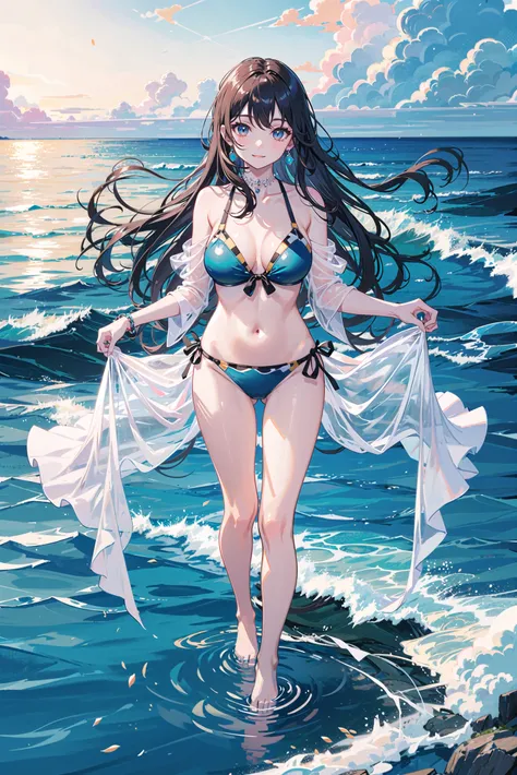 masterpiece, best quality,
1girl, bare_shoulders, barefoot, bikini, black_hair, breasts, jewelry, long_hair, ocean, see-through, smile, solo, standing, standing_on_liquid, swimsuit, very_long_hair, wading, water,