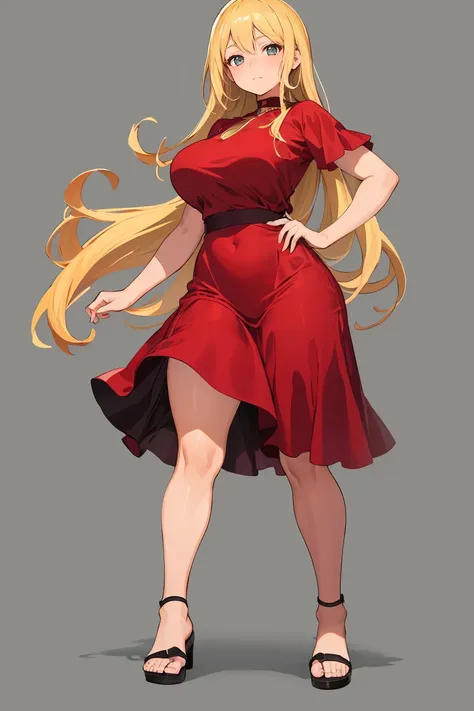 (best quality, masterpiece1.2), 1girl, looking at viewer, full body, standing, curvy, red dress, blonde, sandal, simple backgrou...