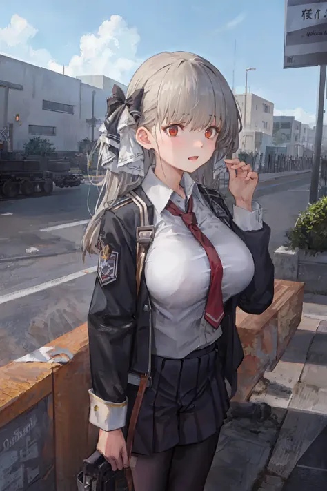 <lora:formidable_default v1.0:1>, formidable_default, school uniform, cowboy shot, solo, 1girl, large breasts, outdoors, school, sky, cloud,