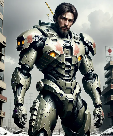 an award winning photograph of a masculine man, halo, cyberpunk robot, highly detailed, splashes of white and pale violet red, complex machine, soft bokeh Postapocalyptic wasteland background, art by mooncryptowow and playboy <lora:wowifierV2:0.52>