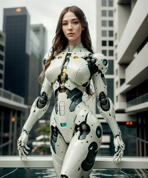 an award winning photograph of a beautiful woman, halo, cyberpunk robot, highly detailed, splashes of white and linen, complex machine, soft bokeh Secret laboratory background, art by mooncryptowow and playboy <lora:wowifierV2:0.52>