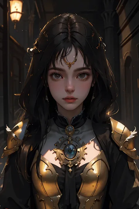 (best quality, masterpiece:1.2), (detailed eye:1.2), intricate detail, depth of field, 1girl, in ruined temple, a sorceress in golden armor, (dark photo:1.3),