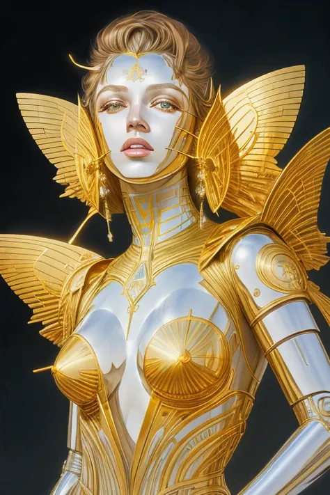 Sorayama Style, metallic skin, 8k portrait of beautiful cyborg with brown hair, intricate, elegant, highly detailed, majestic, digital photography, art by artgerm and ruan jia and greg rutkowski surreal painting gold butterfly filigree, broken glass
