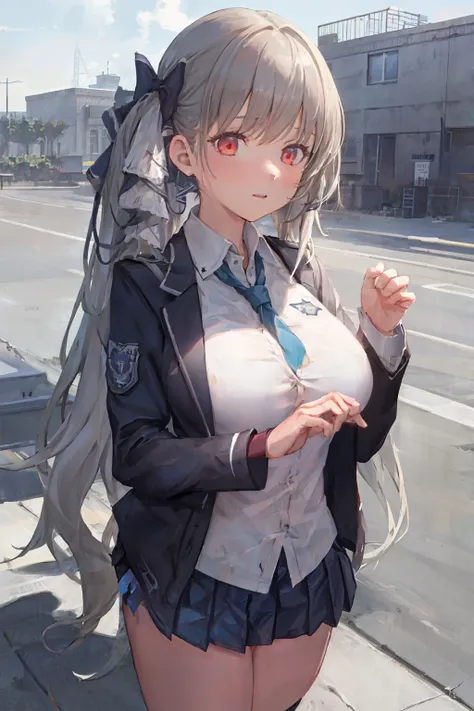 <lora:formidable_default v1.0:1>, formidable_default, school uniform, cowboy shot, solo, 1girl, large breasts, outdoors, school, sky, cloud,