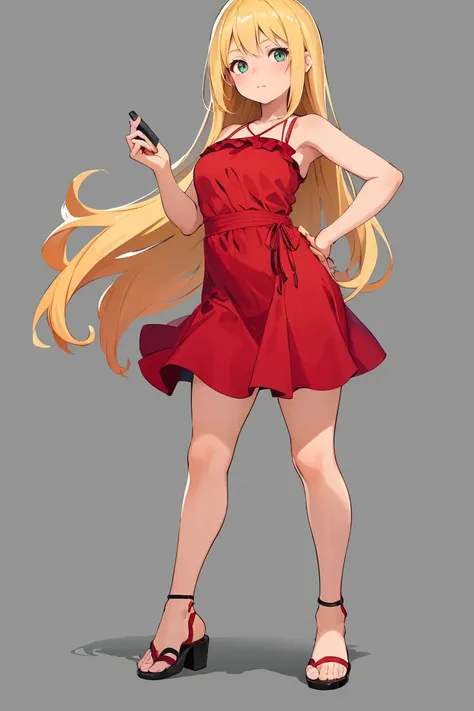 (best quality, masterpiece1.2), 1girl, looking at viewer, full body, standing, curvy, red dress, blonde, sandal, simple backgrou...