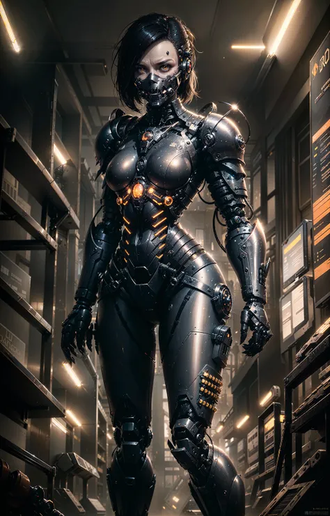 extremely detailed, (pov, 1girl, robot girl, (solo), bionic armor, metallic bones, steel and titanium skin, cybernetic skull mouth mask, mechanical joints, red LED eyes, rusted armor, readouts and displays, collar, short black hair bob cut, extremely detai...