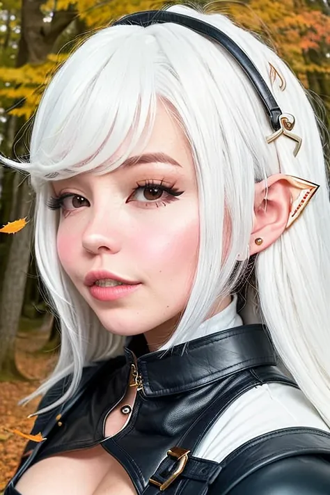 white haired woman, pointy ears, fantasy leather gear, autumn forest, falling autumn leaves, high detail, 4k, hdr, canon eos r5,...