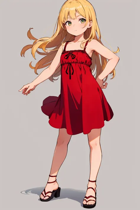 (best quality, masterpiece1.2), 1girl, looking at viewer, full body, standing, curvy, red dress, blonde, sandal, simple backgrou...