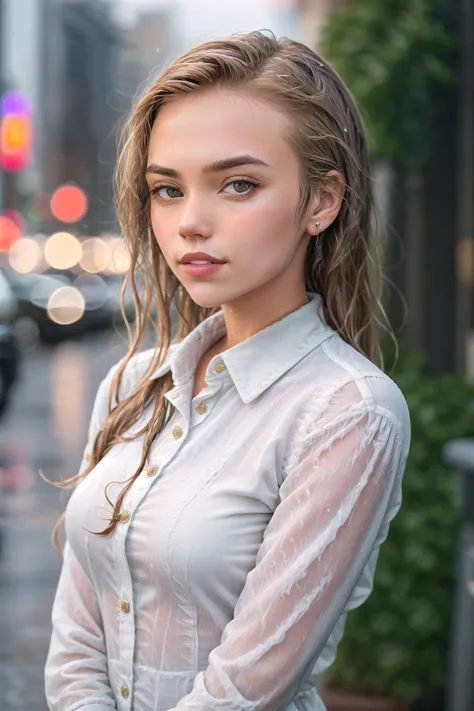 (KristenNobodySD15:0.8) portrait beautiful (blonde:1.1) woman wearing a business suit long sleeve button shirt caught in the rain long blonde wavy hair wet hair, busy city background night dark, (masterpiece:1.2) (illustration:1.1) (best quality:1.2) (deta...