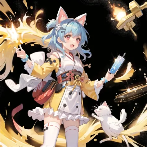 masterpiece, best quality, 1girl,(solo:1.3),standing,official art, simple background, close-up,looking at viewer, 
haruna,1girl,solo,orange eyes,short hair,ponytail,white cat ears,light blue hair,white legwear,kimono,long sleeves,