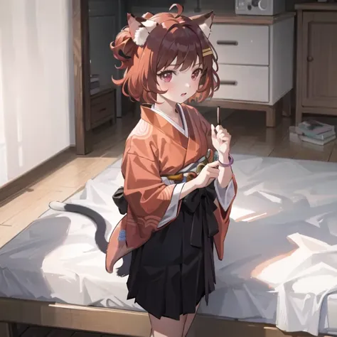 masterpiece, best quality, 1girl,(solo:1.3),standing,official art, simple background, close-up,looking at viewer, 
Ichihime,cat girl,cat ears,brown hair,short hair,red eyes,hair ribbon,hair bell,kimono,purple hakama skirt,