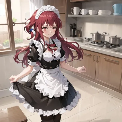 masterpiece, best quality, 1man,(solo:1.3),standing,official art, simple background, close-up,looking at viewer, 
KujouRiu,long hair,red eyes,purple hair,huge breasts,kitchen, maid,