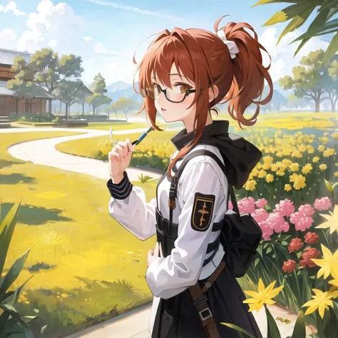 masterpiece, best quality, 1girl,(solo:1.3),standing,official art, simple background, close-up,looking at viewer, 
TerasakiChihori,1girl,orange eyes,glasses,brown hair, short hair, ponytail,