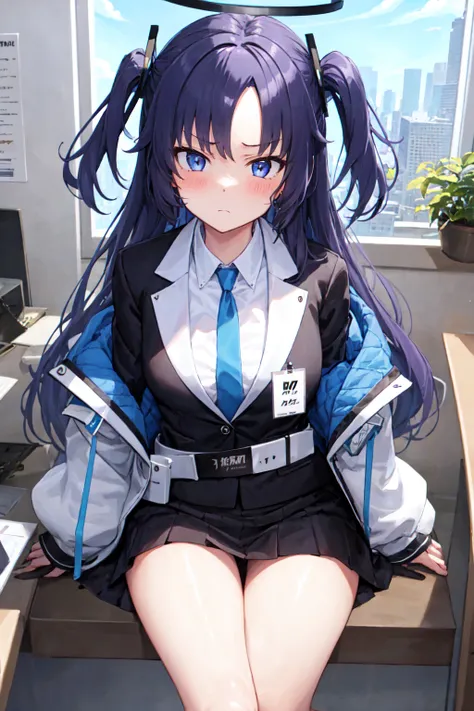 masterpiece, best quality, ultra-detailed, 1girl, yuuka, indoors, office, formal, suit, black, jacket, black skirt, white jacket, multicolored jacket, white belt, bare legs, sitting, serious <lora:yuukaDefault:1>