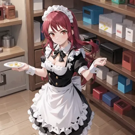 masterpiece, best quality, 1man,(solo:1.3),standing,official art, simple background, close-up,looking at viewer, 
KujouRiu,long hair,red eyes,purple hair,huge breasts,kitchen, maid,