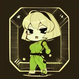 <lora:VaultGirlV2-000012:1>, Vault_girl, Vault_jumpsuit,, 1girl, breasts, solo, short_hair, (chibi:1.2), (green_hologram, video game ui, thick green outline, monochrome:1.2), black_skin