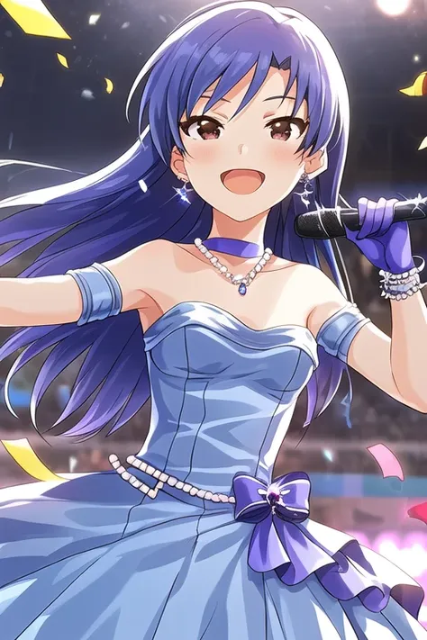 chihaya kisaragi,
1girl, arm guards, armpits, bare shoulders, blue choker, blue gloves, blue hair, blurry, blurry background, bl...