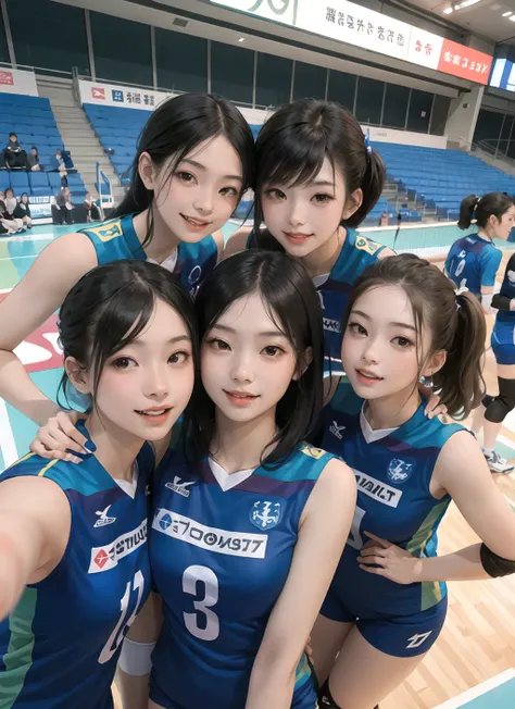 multiple girls,3girls, group selfie, volleyball uniform,smile, perfect face,indoor stadium,upper body,     (masterpiece, high quality:1.2)  <lora:VolleyballUniform_v20LyCORIS:0.8>