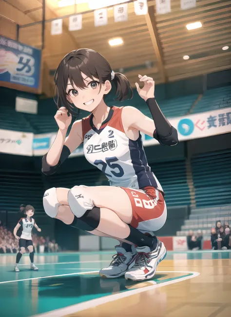 fisheye,1girl, volleyball uniform, indoor stadium, standing, hand up, (v:1),squatting, audience, crowd, looking at viewer,from below, grin(masterpiece, high quality:1.2) <lora:VolleyballUniform_v20LyCORIS:1>