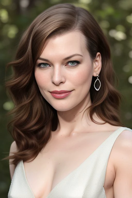 Picture, best quality, portrait photo of beautiful Koh_MillaJovovich smiling, a woman in a forest, looking at viewer, perfect face, perfect eyes, sharp focus