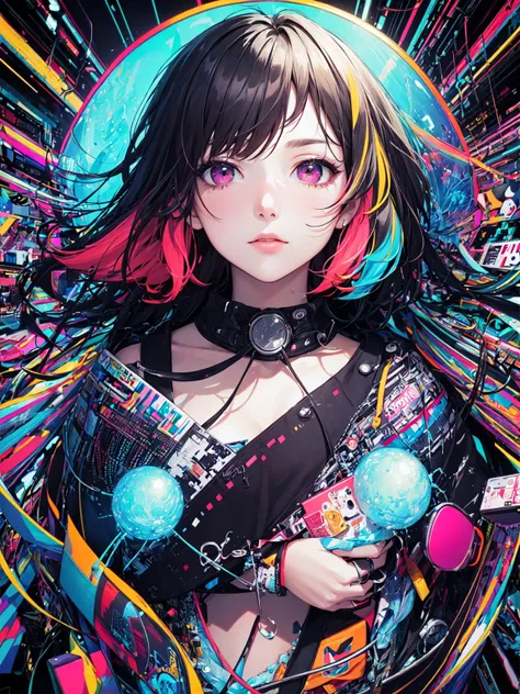 (masterpiece, top quality, best quality, official art, beautiful and aesthetic:1.2), (1girl:1.3), glitch art, (digital distortion), pixelated fragments, data corruption,colorful noise, visual chaos,contemporary aesthetics