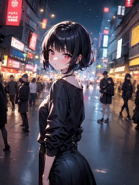 masterpiece, best quality, 1girl, short hair, bangs, red eyes, skirt, looking at viewer, night, street, neon, looking back, star (sky), crowd, upper body,