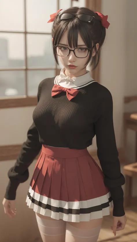 <lora:lou:1>,best quality ,masterpiece,1girl,3d , realistic,CG ,unity ,8k wallpaper, black-framed_eyewear, black_hair, bow, eyewear_removed, fishnet_legwear, glasses, holding, holding_eyewear, lips, long_sleeves, looking_at_viewer, makeup, over-rim_eyewear...