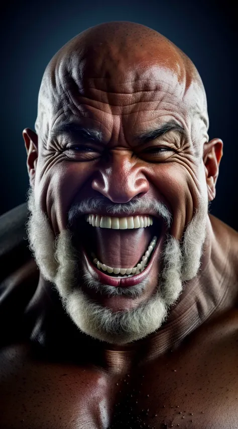 . a portrait of a laughing, toxic, muscle, god, elder, (hdr:1.28), bald, hyperdetailed, cinematic, warm lights, intricate details, hyperrealistic, dark radial background, (muted colors:1.38), (neutral colors:1.2)