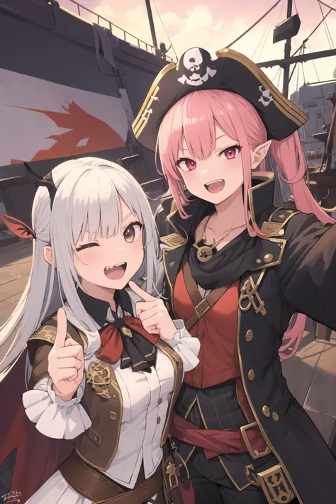 best quality, masterpiece,pirate,fairy,ship,eye patch,evil smile,pointing,open mouth,standing,1girl