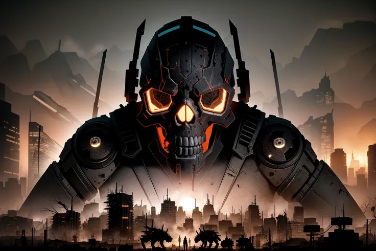 dead robots epoxy_skull masks, (masterpiece), (best quality), (detailed), landscape resembling a fallout, post-apocalyptic environment, dark and atmospheric, cyberpunk and post-apocalyptic elements, desolate cityscape, crumbling buildings, abandoned vehicl...