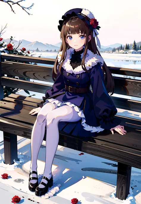 masterpiece, best quality, winter, snow field,
1girl, bangs, blue eyes, blunt bangs, bonnet, brown footwear, brown hair, dress, frills, fruit, full body, hat, long hair, long sleeves, looking at viewer, pantyhose, purple dress, red flower, red rose, rose, ...