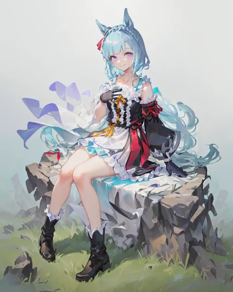 SFW, (grassland), outdoors
mejiro_ardan_SF, 1girl, (solo), horse_ear, horse_tail,light smile, full body
(long hair), (light_blue_hair), purple_eyes, hair ornament, collarbone, (black and whtie frilled dress), center frills, hemline, (uneven sleeves:1.2),de...