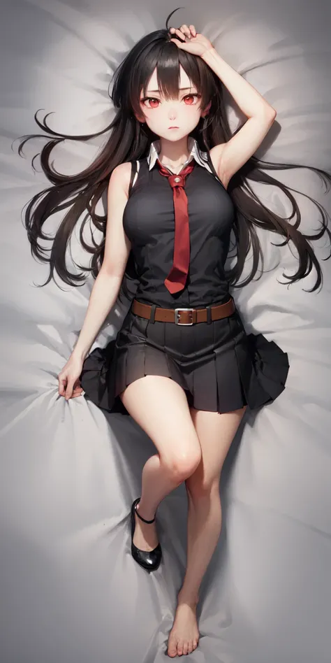 (masterpiece, best quality:1.2), <lora:agk_akame-10:0.8>, full body, from above, solo, 1girl, akame (akame ga kill!), expressionless, looking at viewer, lying, on back, black collared shirt, red necktie, sleeveless, skirt