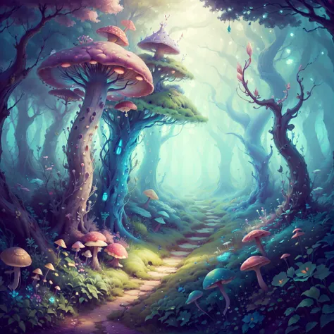 <lora:fairtaleai:.75> fairytaleai mushroom forest ,