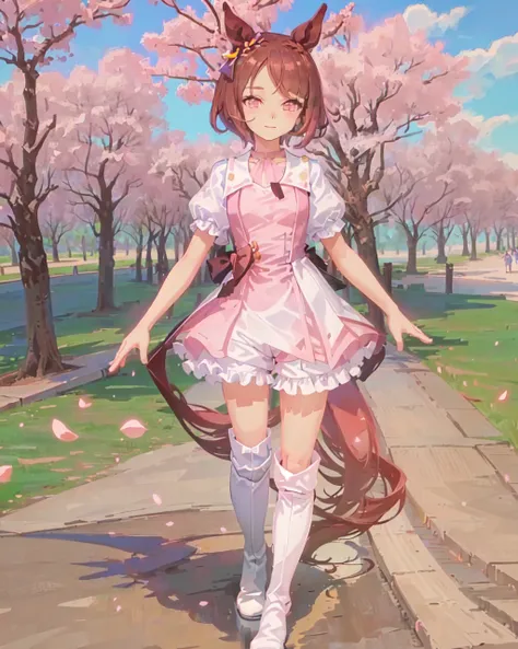 SFW, sunlight, cherry blossoms, sakura_pedals, (spring), 
sakura_laurel_SF, 1girl about 17 years old, (solo), horse_ear, horse_tail, (medium breasts), full body,
(short_brown_hair), sakura_shaped_pupils, purple_eyes,  (pink_braid_neckerchief), (pink_dress:...