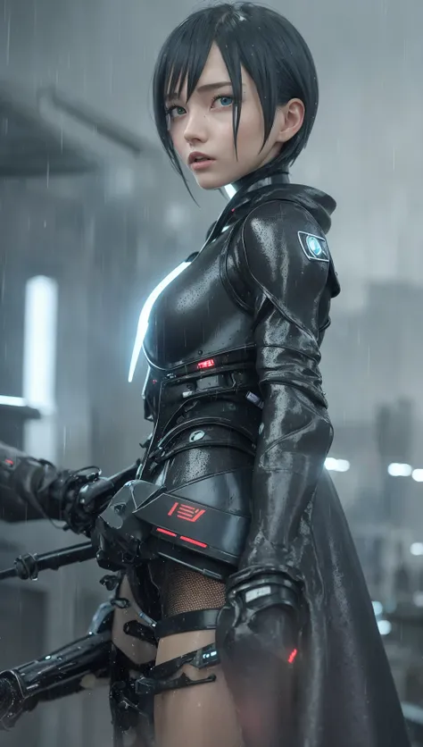<lora:lou:1>,best quality ,masterpiece,1girl,3d , realistic,CG ,unity ,8k wallpaper, blue_eyes, blurry, blurry_background, blurry_foreground, bodysuit, building, city, city_lights, cityscape, cloak, cloudy_sky, cyberpunk, debris, depth_of_field, emphasis_l...